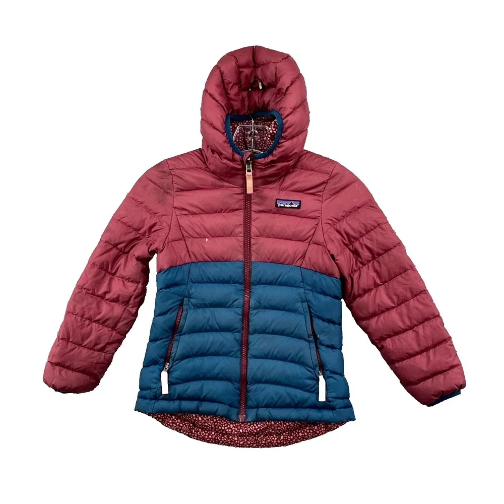Patagonia Reversible Down Sweater Hoody Jacket Girls 5-7 Puffer Windproof Travel